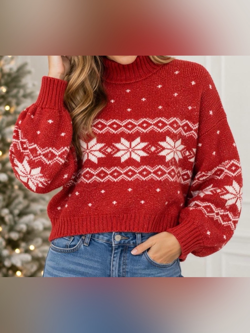 Red Fair Isle Snowflake Turtleneck Sweater — Size M